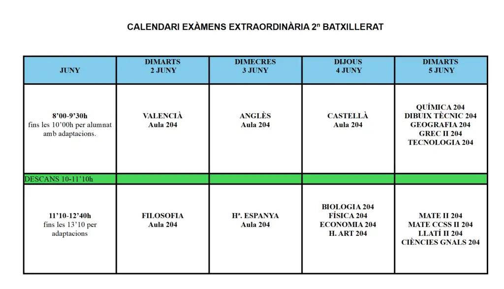 Calendari d'Examens extraordinària de juny