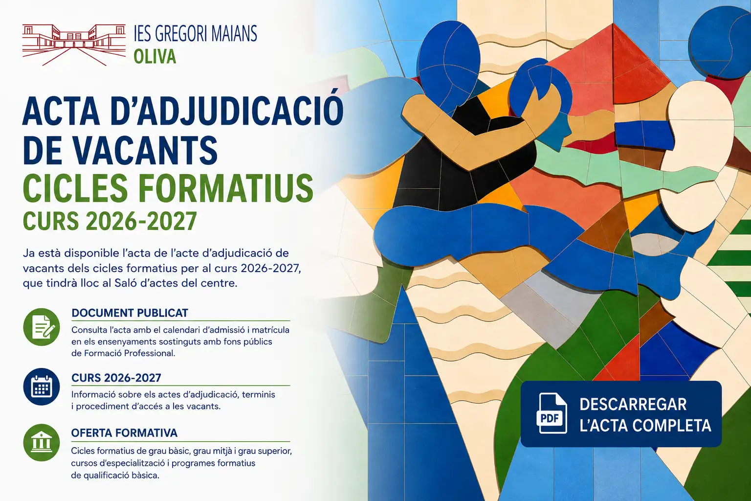 Acta d’adjudicació de vacants dels cicles formatius del curs 2026-2027