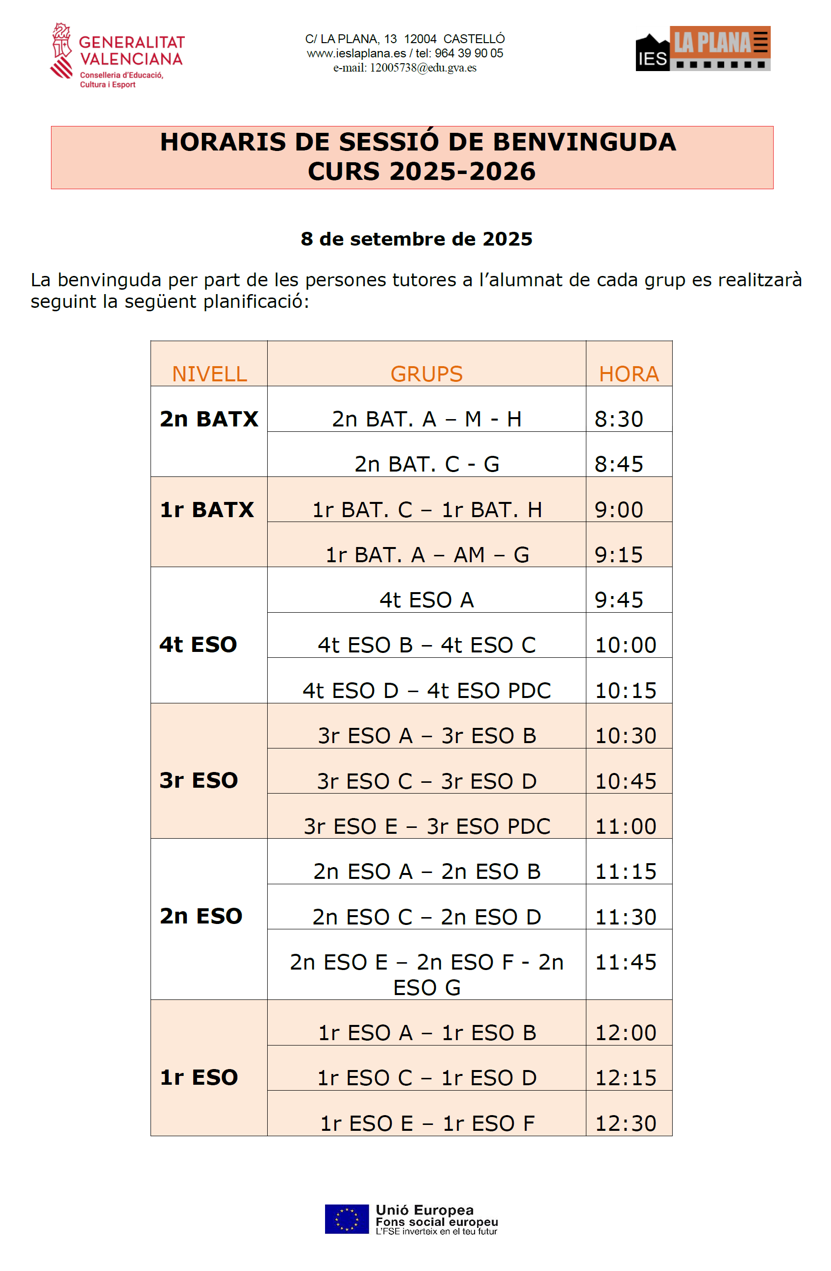 2025-09-01 Horaris sessió benvinguda