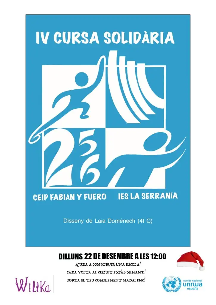 Un any més et convidem, com a part imprescindible de la nostra comunitat educativa a participar de la IV Cursa Solidària IES La Serranía, aquest any pots venir a veure-la, a animar i còrrer o caminar juntament amb el nostre alumnat per un recorregut pels carrrers del poble. La cursa donarà la sortida a les 12h des de la porta d'entrada al centre. Anima't i vine! També podràs adquirir la samarreta solidària (7 euros). No oblides portar el teu complement nadalenc! T'esperem!