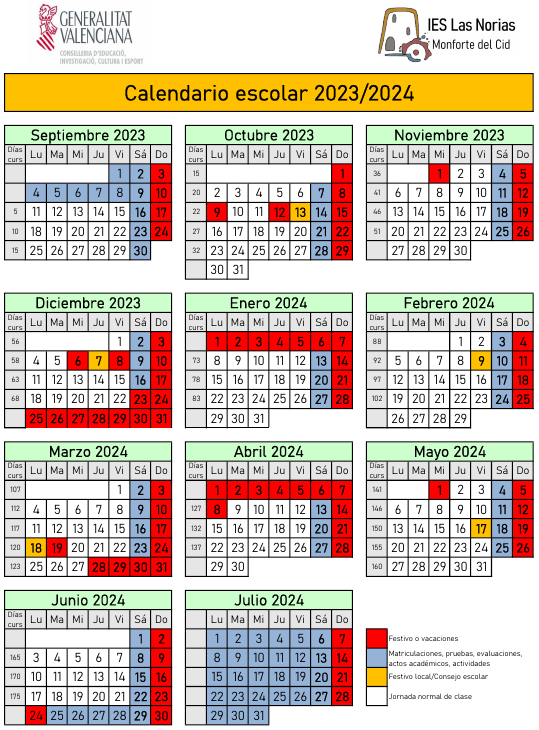 Calendario escolar para el curso 2023-2024 del IES Las Norias