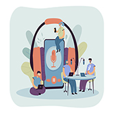 Tiny men and women listening to radio or broadcasting flat vector illustration. Cartoon people near huge smartphone with headset. Online education and podcast concept