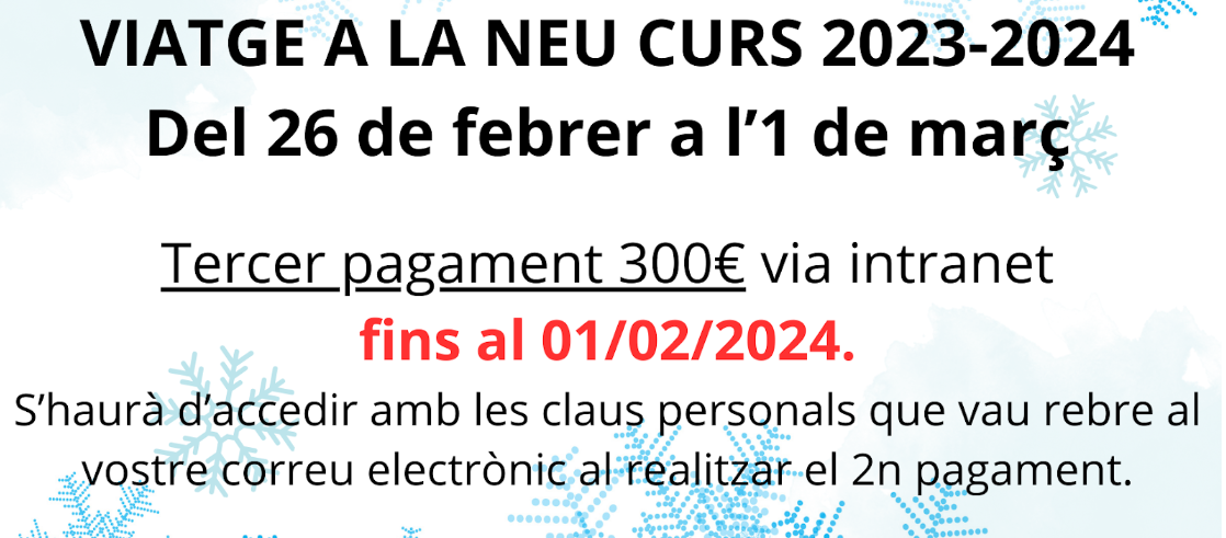 Recordatori 3r pagament viatge a la neu