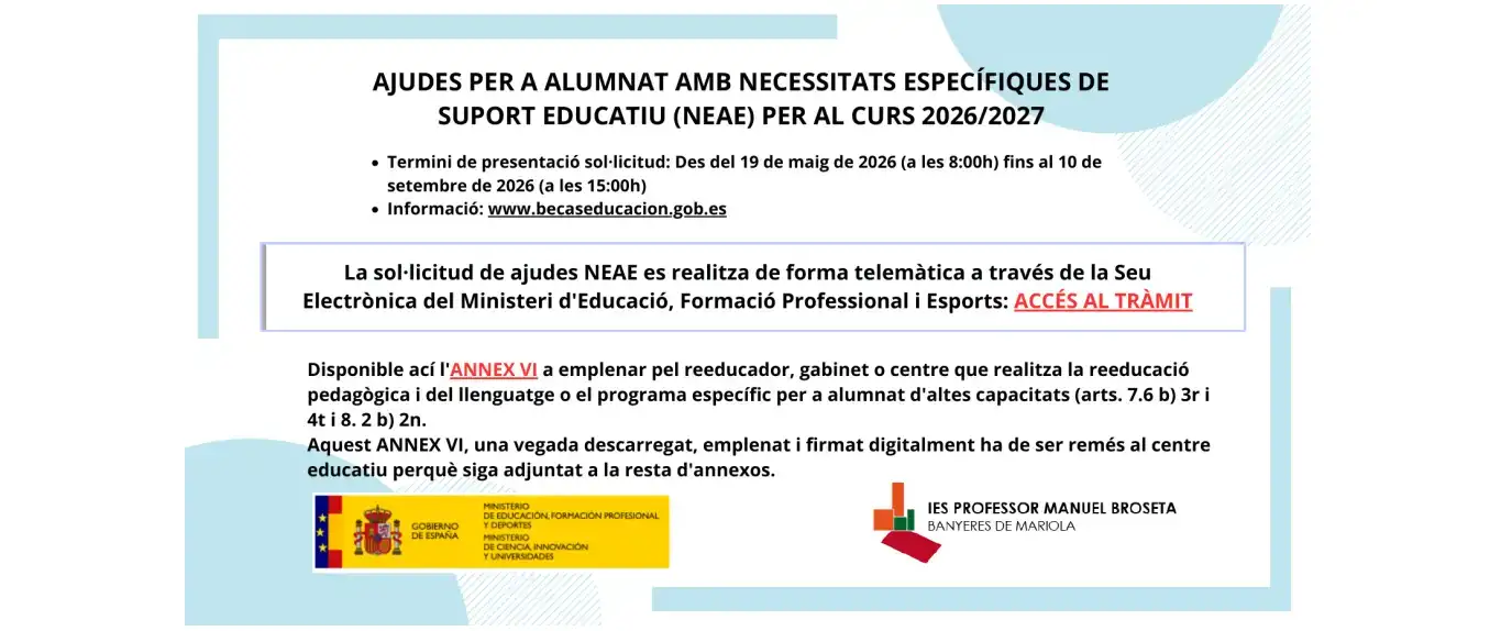 AJUDES PER A ALUMNAT AMB NECESSITATS ESPECÍFIQUES DE SUPORT EDUCATIU (NEAE) PER AL CURS 2026/2027