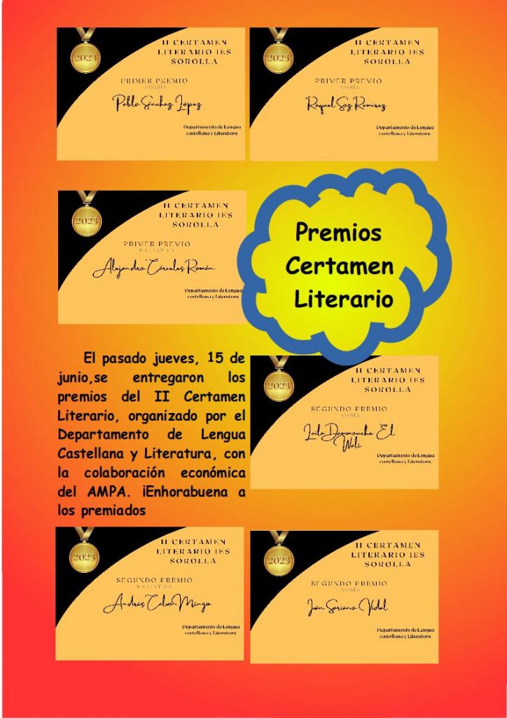Diplomes dels guanyadors del certamen literari del departament de castellà