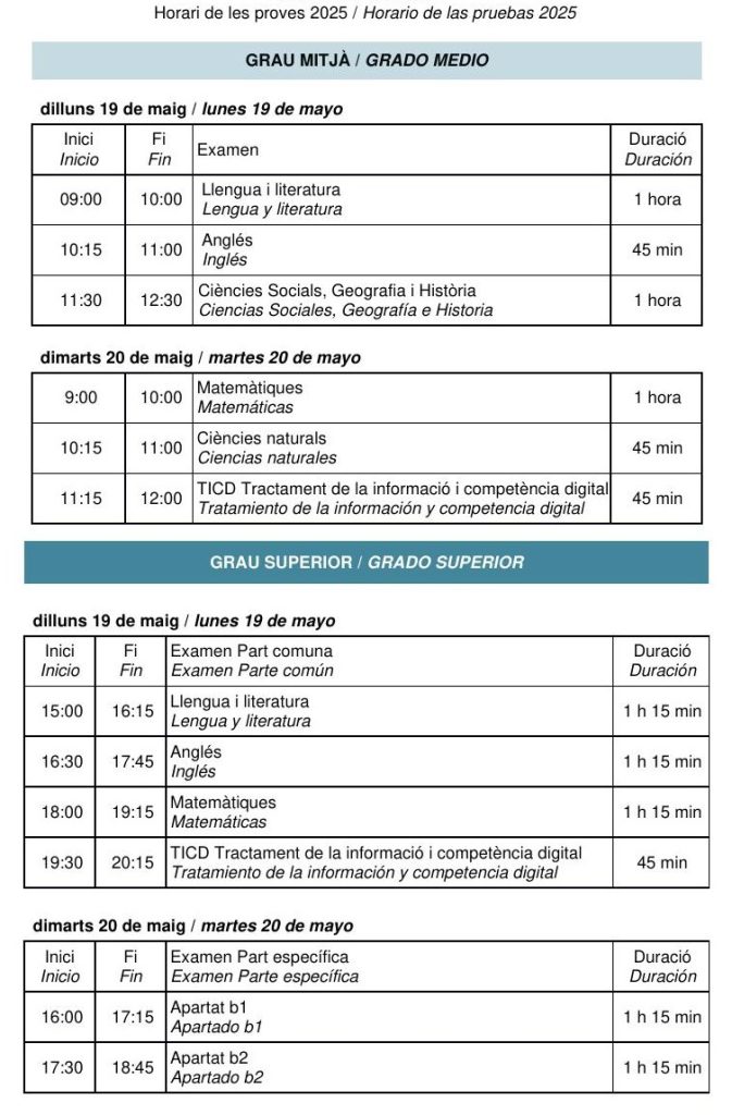horari de les proves