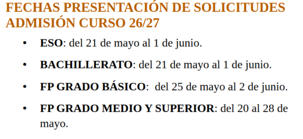 Fechas Presentación Solicitudes Admisión 26/27.