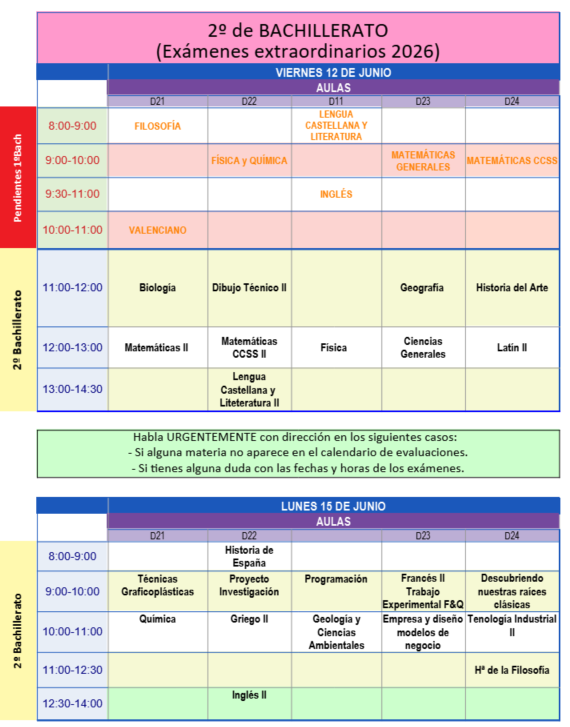 Convocatoria Exámenes Extraordinarios 2ºBach 2026
