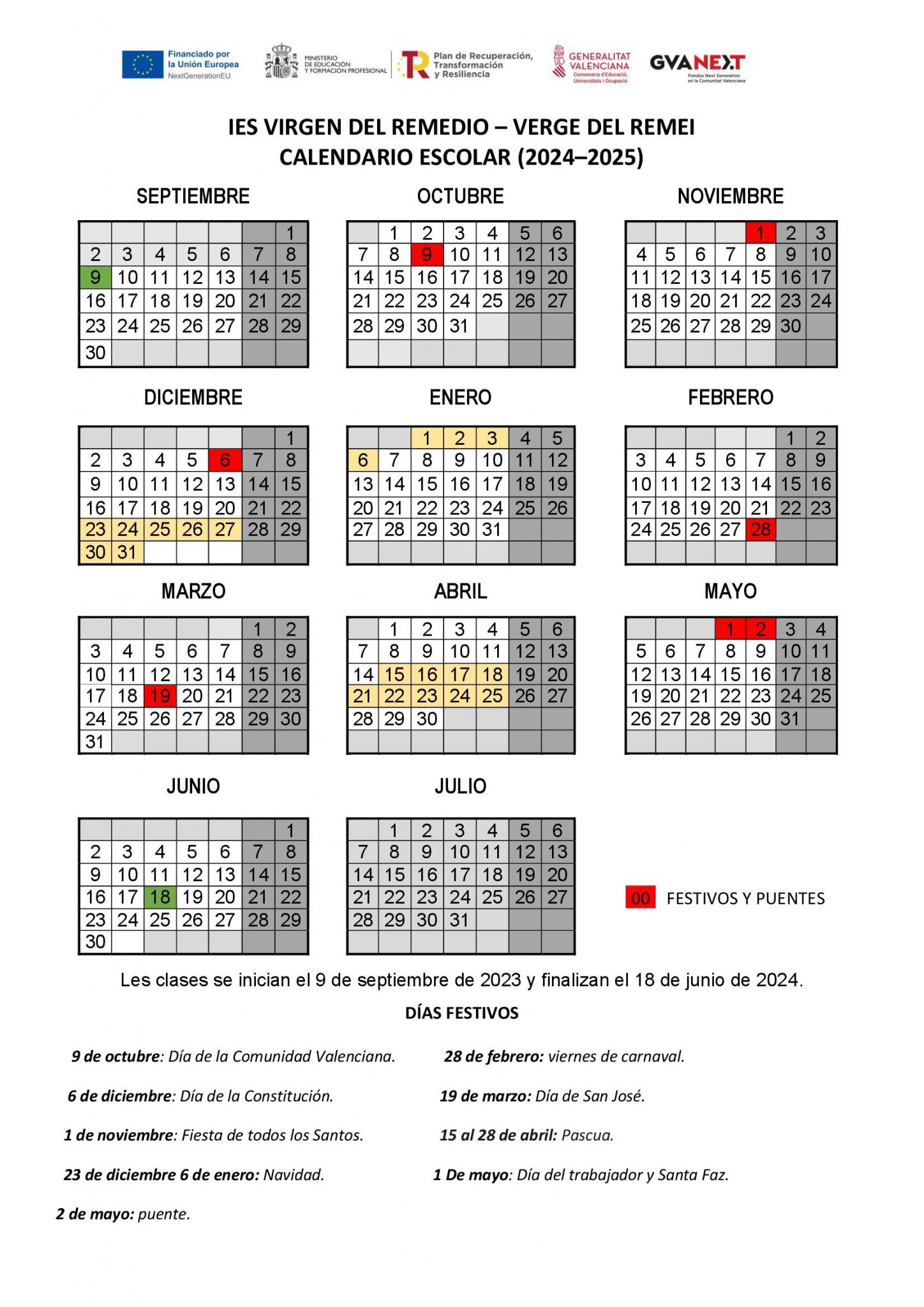 CALENDARIO ESCOLAR (2024-2025) festivos añadidos