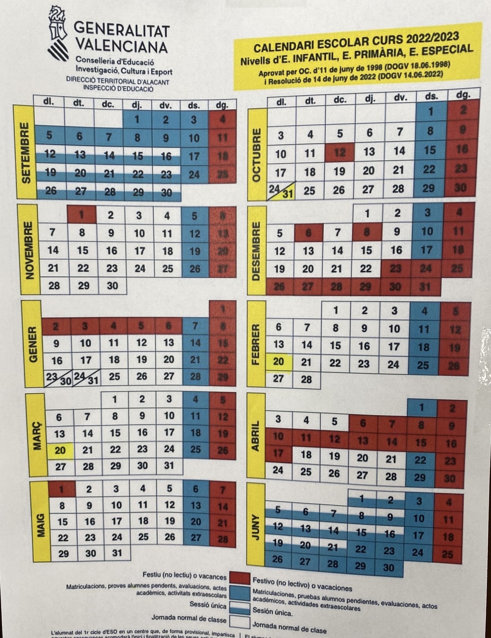 Calendario Escolar – CEIP JUAN CARLOS I