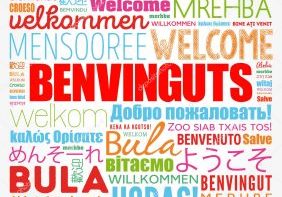 Benvinguts (Welcome in Catalan) word cloud in different languages, conceptual background