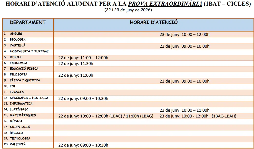 horari prova extraordinària horari atenció alumnat