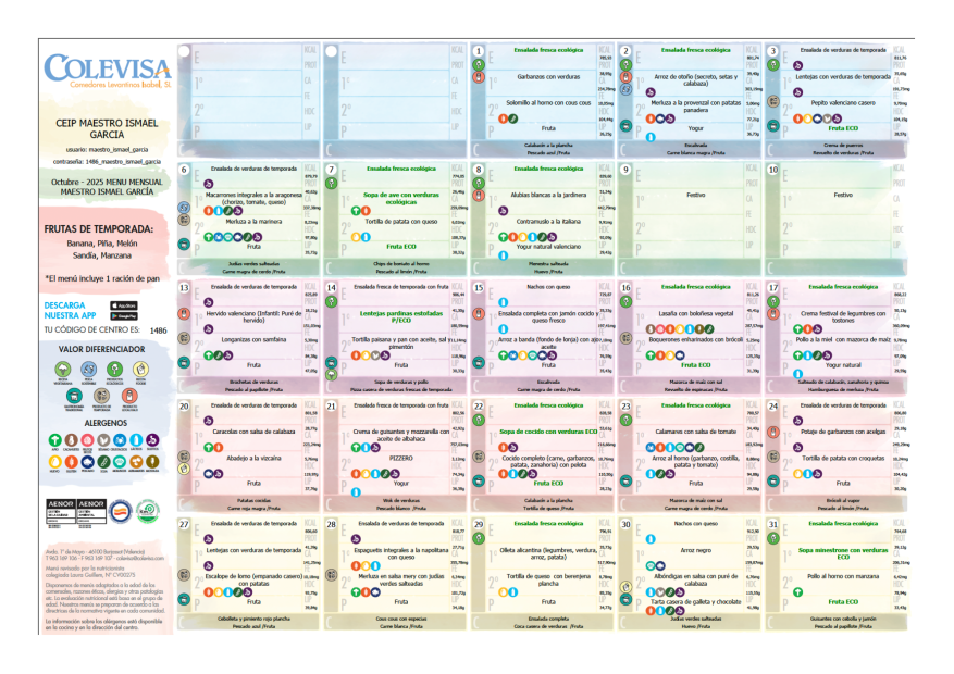 Menú - Octubre 2025