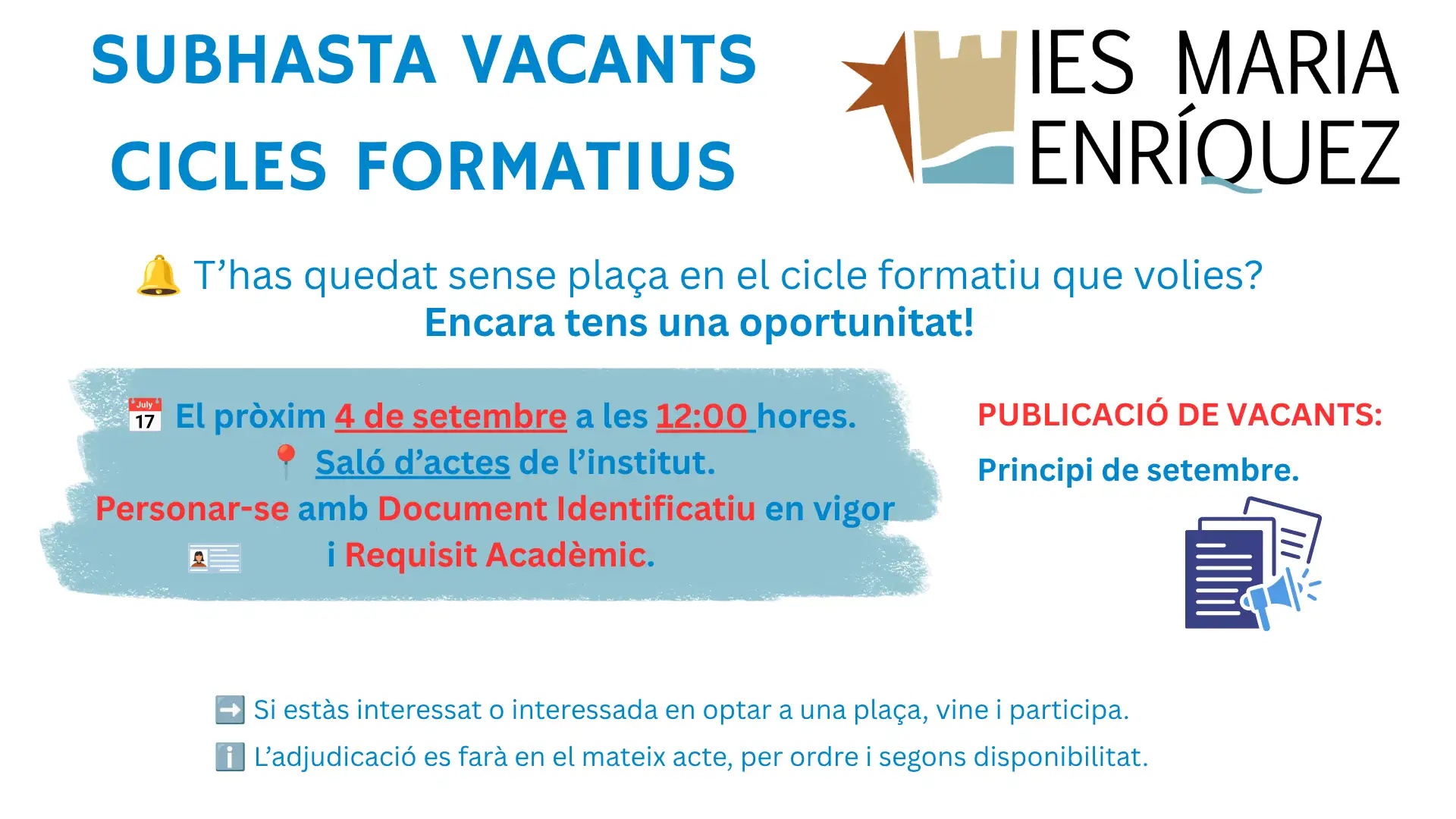 SUBHASTA VACANTES CICLES FORMATIUS