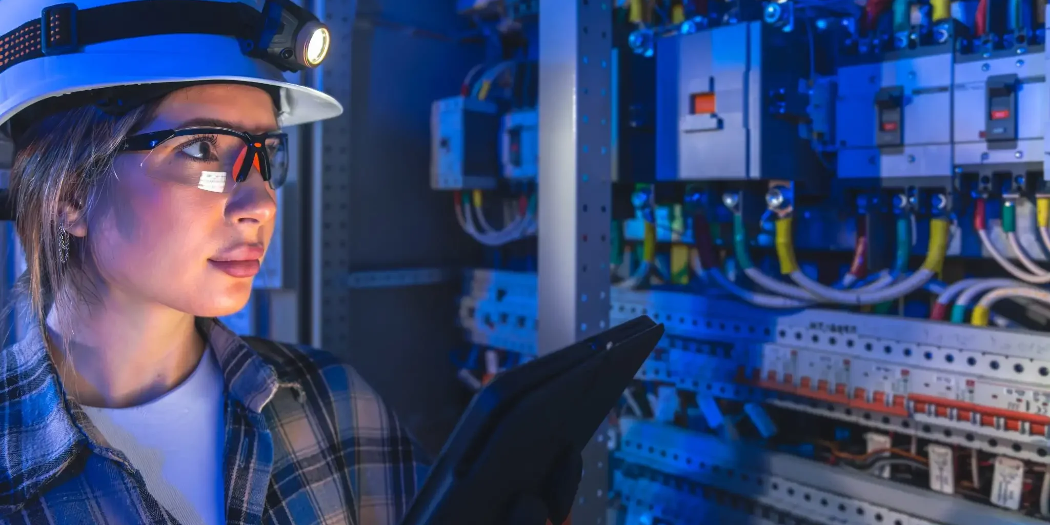 female-electrician-studies-control-switchboard-blue-light-engineer-portrait