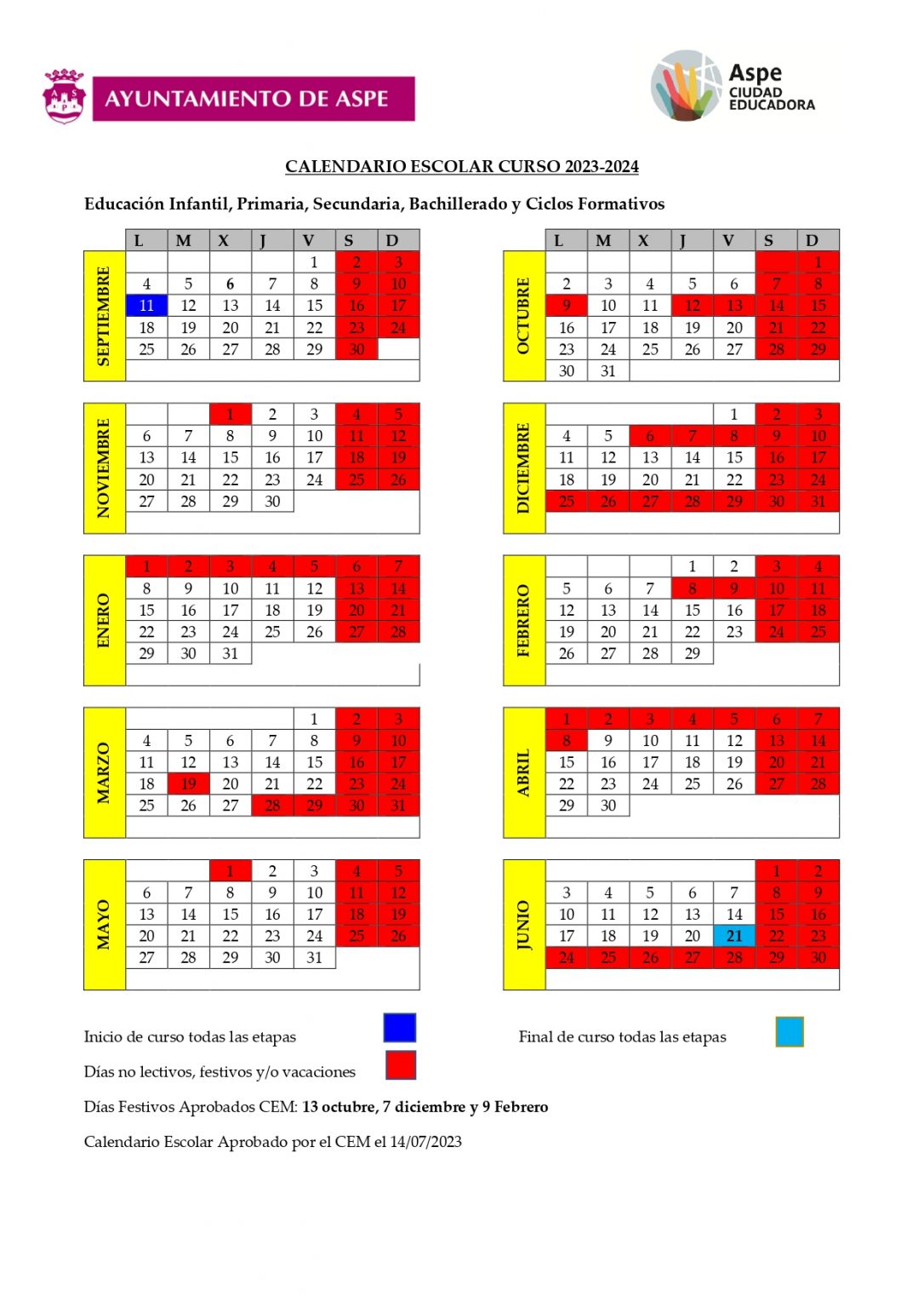 Calendario Escolar 20232024 CEIP PERPETUO SOCORRO