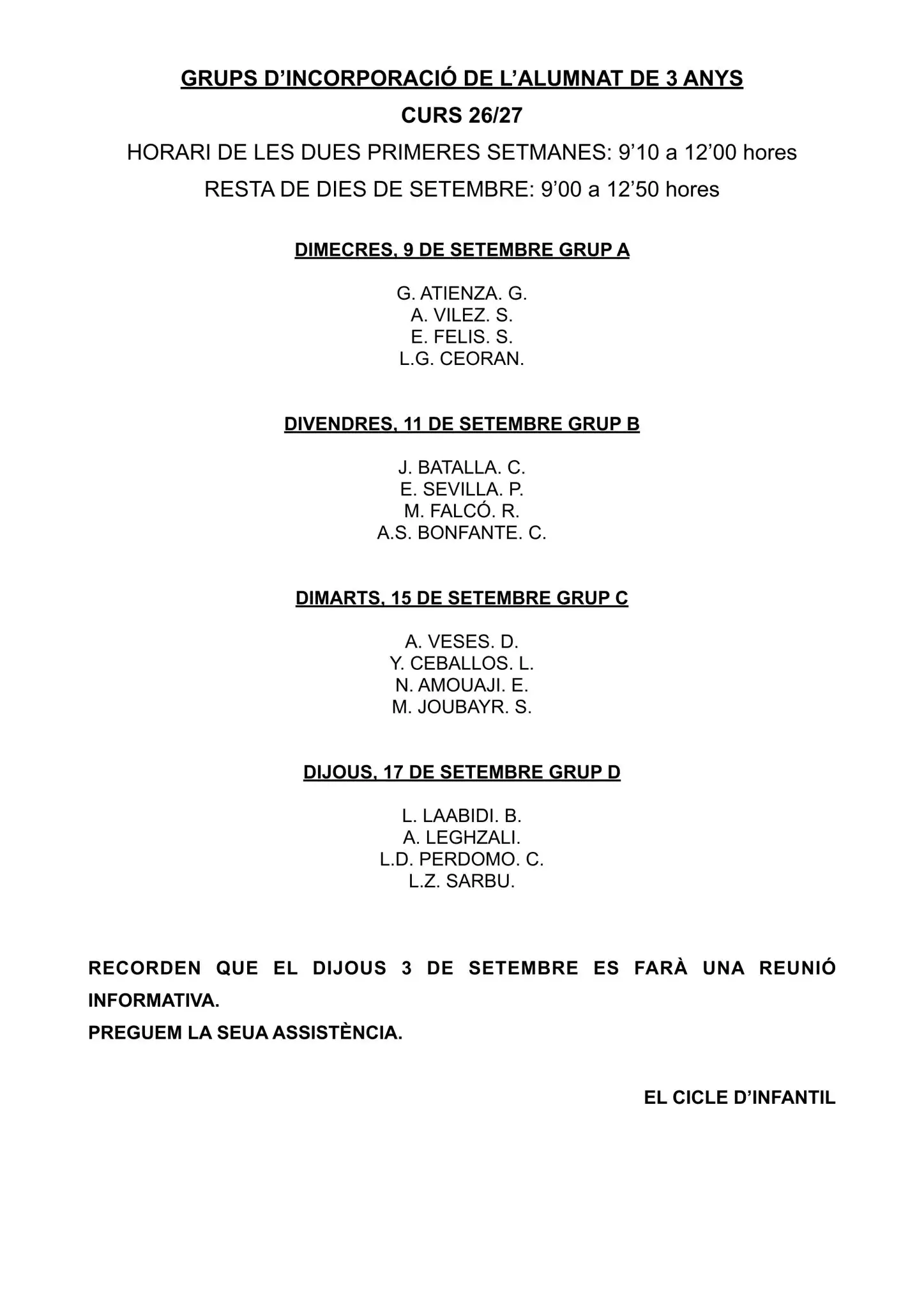 INCORPORACIÓ ALUMNAT 3 ANYS 26-27