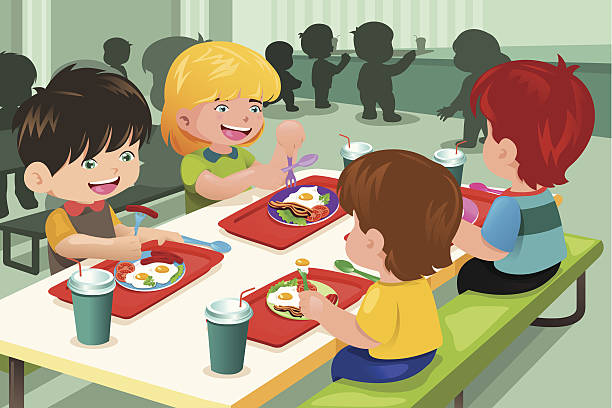 A vector illustration of elementary students eating lunch in cafeteria