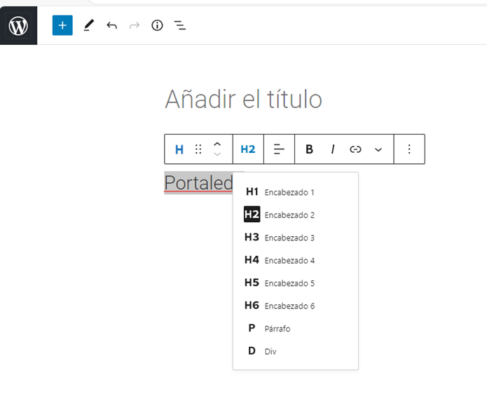 Pestaña que muestra cómo incluir correctamente un encabezado en el editor Gutenberg.