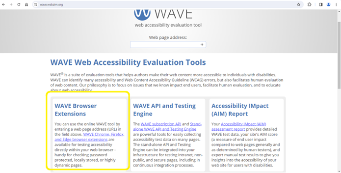 Página web principal de la herramienta 'Wave' con el apartado destacado para descargar su extensión.