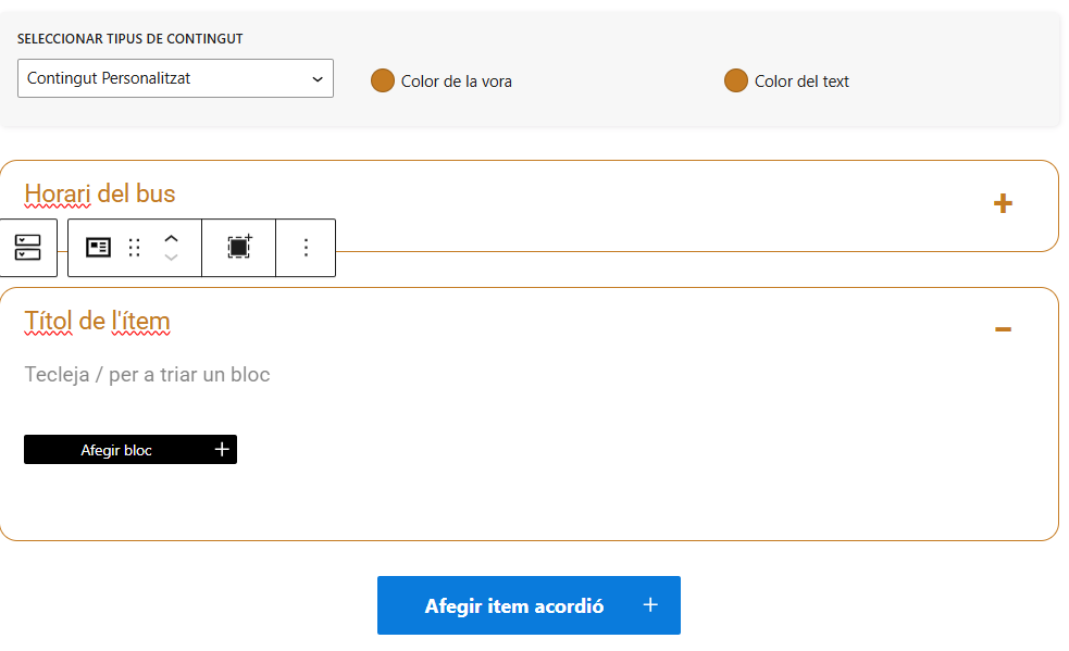 Acordió de contingut personalitzat. Afegir Ítem.