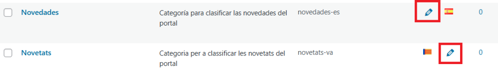 Categories. Parella de traduccions.