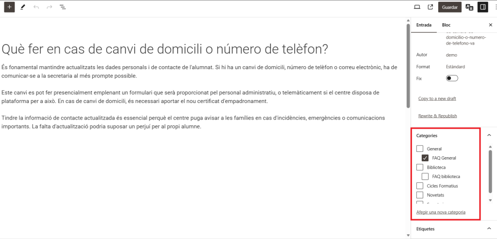 Edició del post. Assignar categoria.