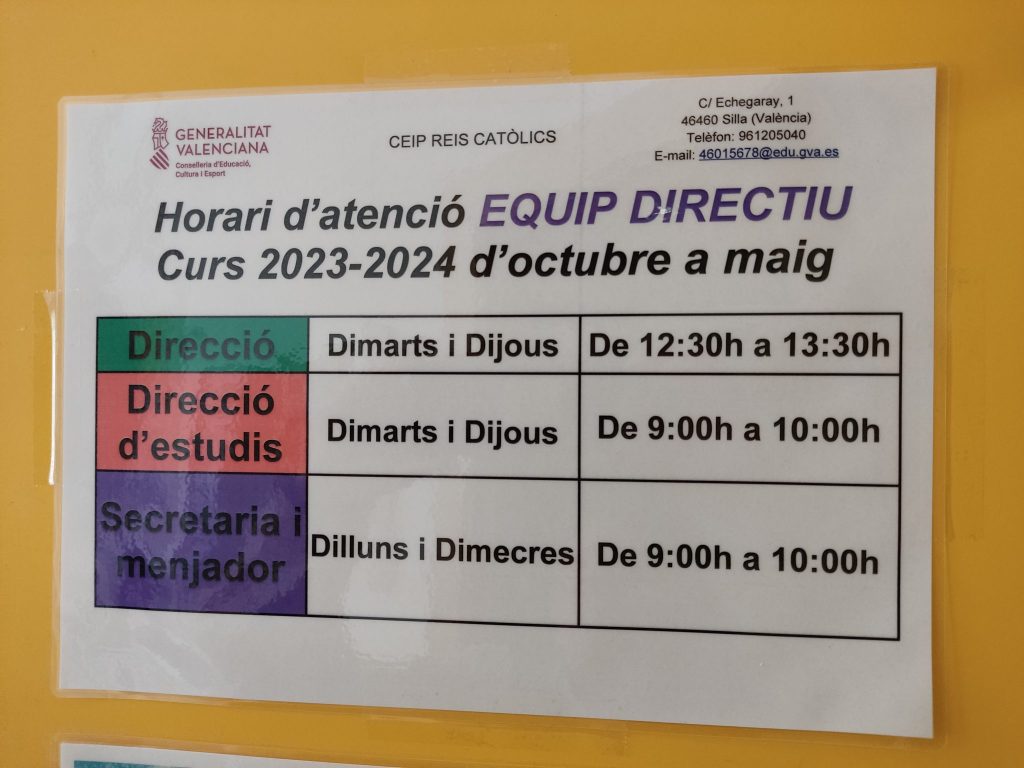 Horari d'atenció equip directiu.