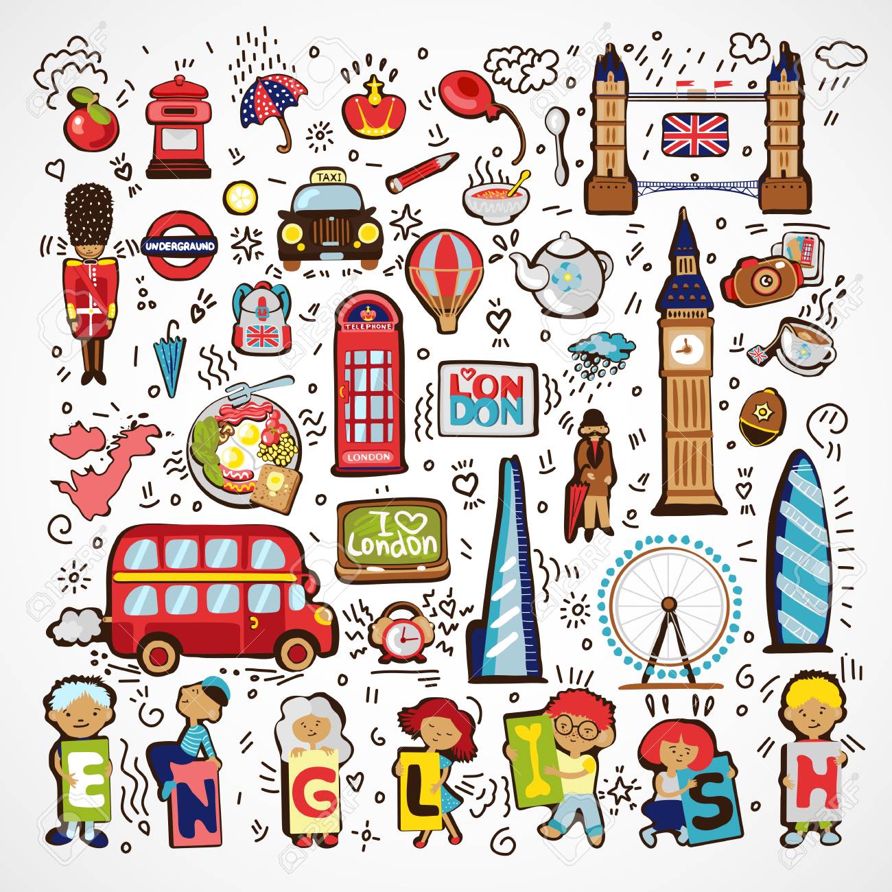 Vector London landmark, symbols. Hand drawn England doodle. Famous architectural monuments, sign, symbols, icons. England educational and travel elements, icon - english bus, taxi, architectural illustrations, post box and other English elements isolated on white elements