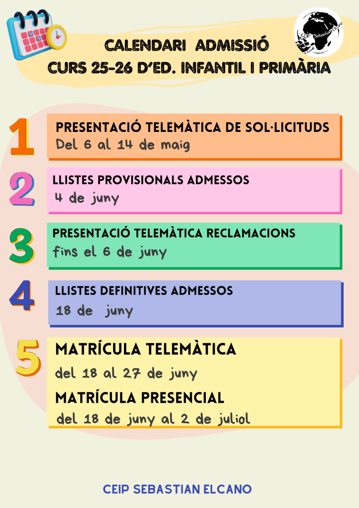 calendari procés admissió curs 2025-2026 GVA