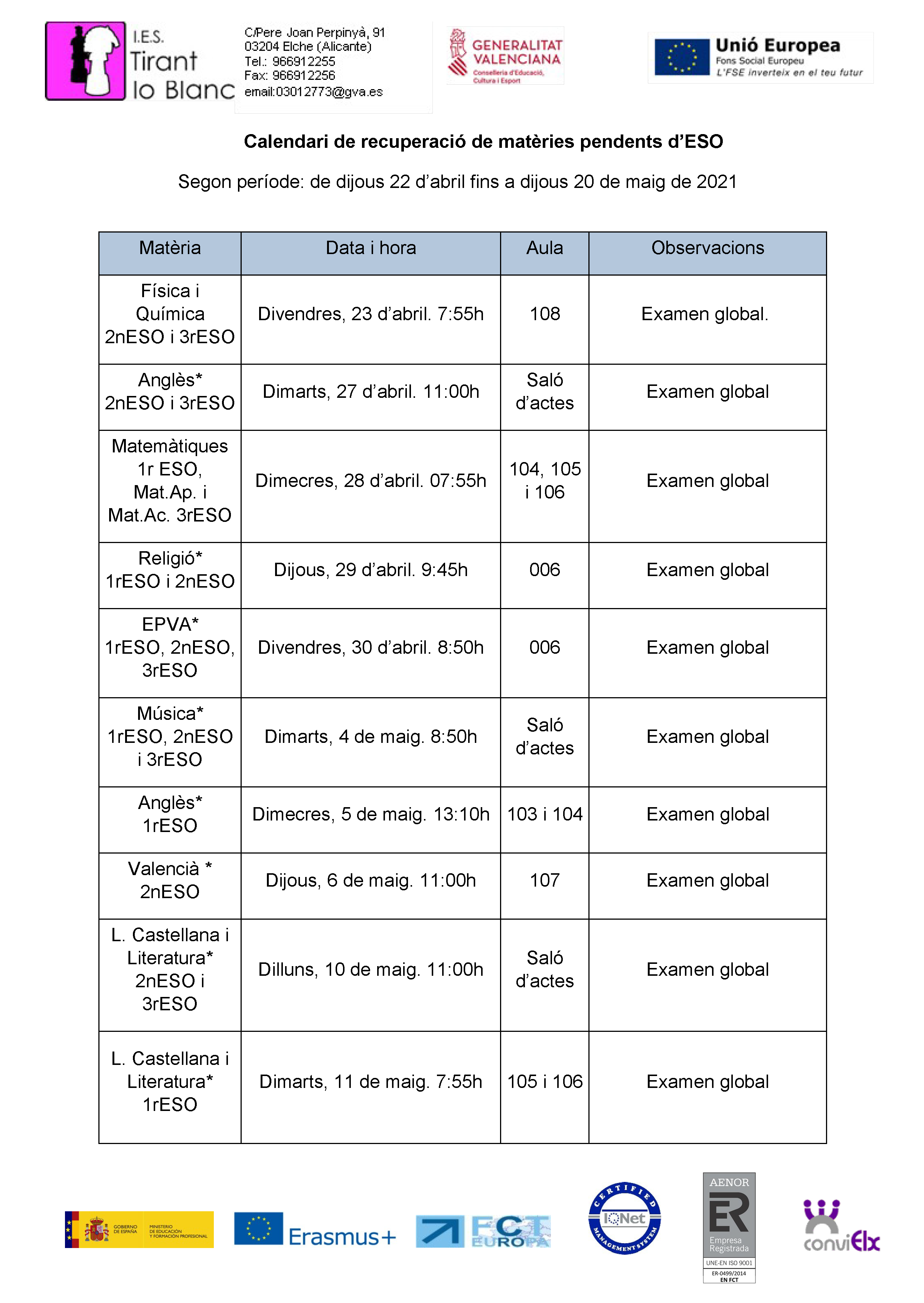 CALENDARIO DE PENDIENTES – IES TIRANT LO BLANC, ELX