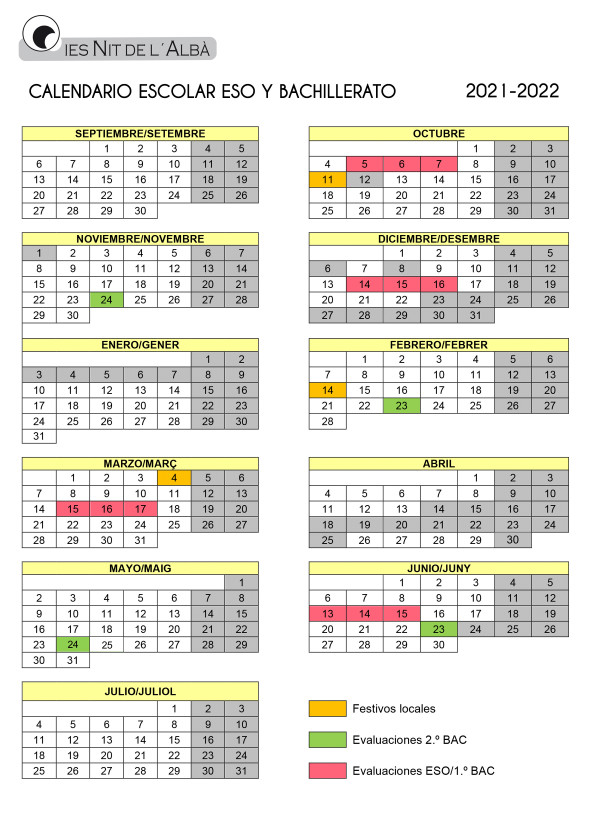 Calendario Escolar Curso 2021 2022